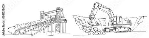 Heavy excavator digging rocks near industrial conveyor belt system in continuous line art style
