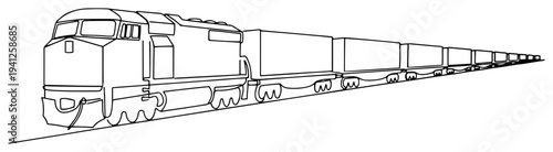 Freight train locomotive pulling long row of cargo containers in continuous line art style