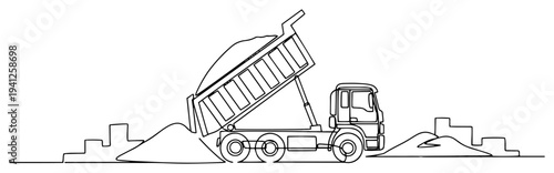 Heavy dump truck unloading sand at a construction site in continuous line art style