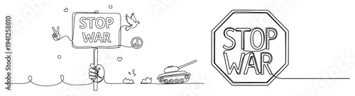 Anti war protest illustrations with stop war sign and peace symbols in continuous line art style