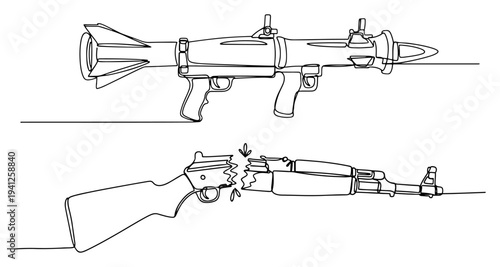 Anti tank rocket launcher and broken assault rifle in continuous line art style