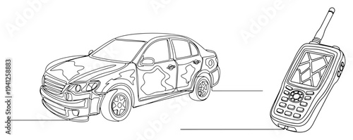 Tactical camouflaged car and portable military radio device in continuous line art style