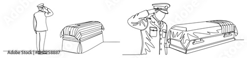 Military funeral ceremony with officers saluting flag draped coffin in continuous line art style