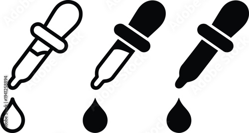Simple black and white illustration of three droppers releasing a single drop each in a row on a clean white background
