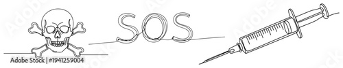 Drug addiction concept with skull SOS text and syringe in continuous line art style