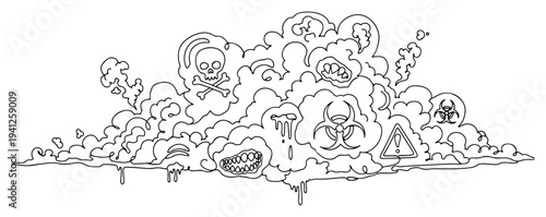 Toxic gas cloud with biohazard symbols and skulls in continuous line art style