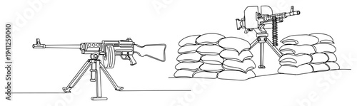 Two military machine guns on tripods with sandbag fortification in continuous line art style