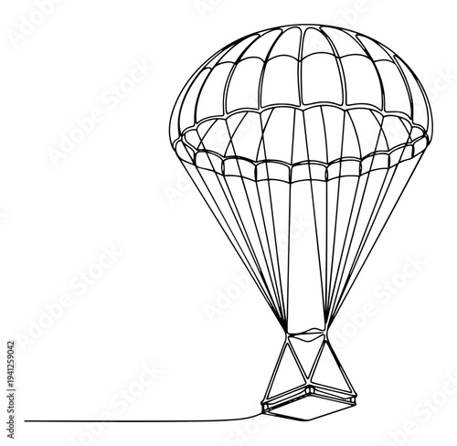 Parachute carrying a cargo box for military air drop supply in continuous line art style