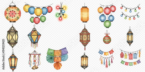 Watercolor collection of diverse lanterns and festive string lights for celebration and decoration.