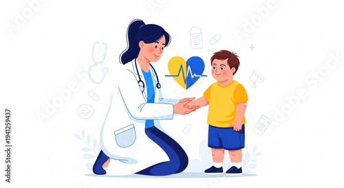 Female doctor kneeling and checking a young boy's pulse with a stethoscope symbolizing healthcare and wellness