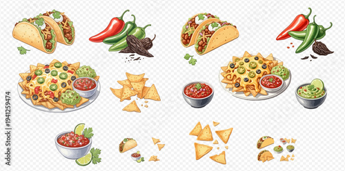 Delicious collection of Mexican food items including tacos, nachos, salsa, guacamole, and chili peppers, perfect for a vibrant culinary design.