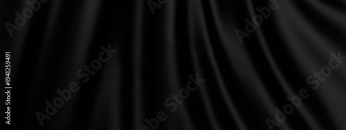 Flowing dark satin drapes with elegant waves create luxury 3d texture. Smooth curtain ribbons form abstract patterns with soft ripples on isolated backdrop.