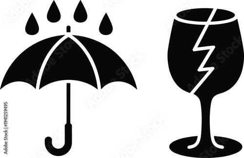 Simple black and white illustration of an umbrella and a broken wine glass symbolizing fragility and protection in a minimalist design style