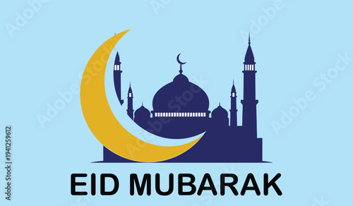 Eid Mubarak Greeting Card with Mosque, Crescent Moon, Pastel Gradient Background