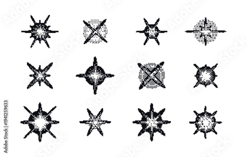 Y2k brutalism pixel stars. Halftone gradient effects. Abstract geometric shapes with bitmap dither effect. Forms with pixelated texture patterns. Retro futuristic elements for web, poster, card
