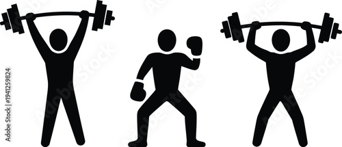 Fitness icons representing weightlifting and boxing exercises in a minimalist black and white design showcasing various workout routines and athletic activities.