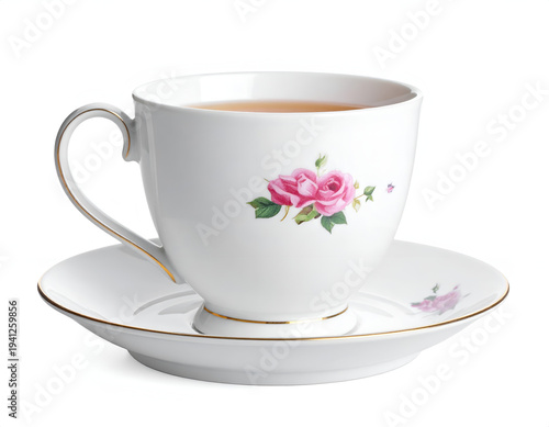 Delicate porcelain teacup with pink rose motif on saucer