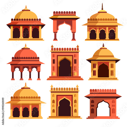 Traditional Indian architecture elements featuring domes arched gateways pavilions and mughal style structures