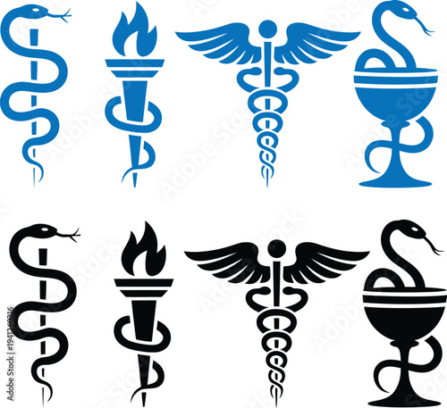 Medical symbols collection featuring staff of asclepius and caduceus in black and blue designs