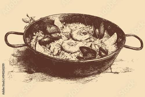 Paella illustration in a vintage style. This vector illustration can be used in any size you like for advertising, logos, and other work.
