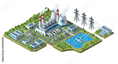Isometric view of a modern power plant facility featuring cooling towers, electrical towers, and water management systems.