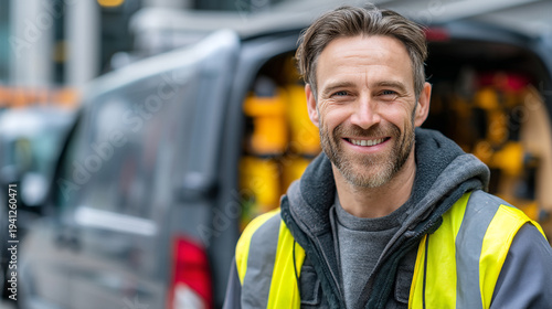A construction worker in a high-visibility vest smiles near a work vehicle.