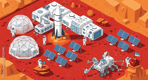 Advanced futuristic colony on Mars featuring a space rocket, research domes, solar panels, and exploring rovers.