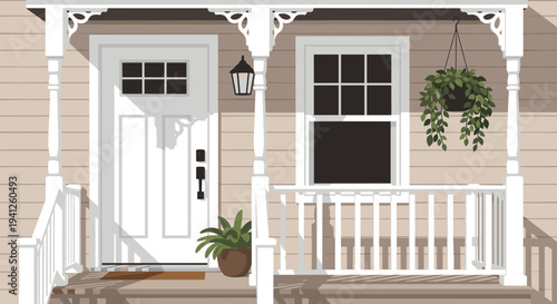 Charming front porch of a traditional house with a white wooden door, railings, and beautiful hanging potted plants.