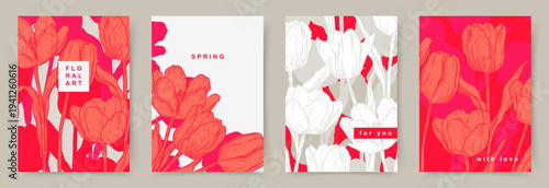 Luxury set cards with a floral pattern of red tulips. Vector design for banner, advertising, card, wall poster, flyer, wedding invitation, print, cover, wallpaper, packaging