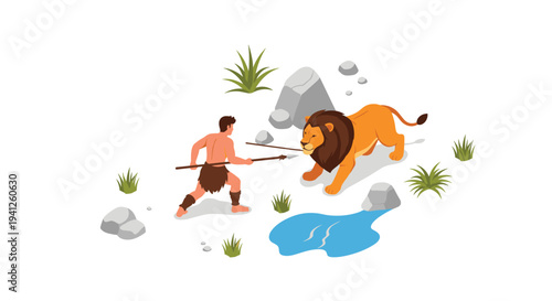 Brave prehistoric man defends himself against a large lion using a wooden spear in a rocky wilderness setting.