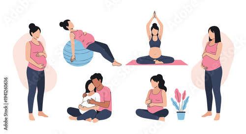Diverse collection of pregnant women engaging in healthy activities like yoga, exercises, and shared moments with their partner.