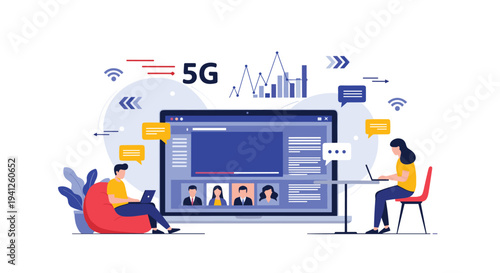 High-speed 5G network connectivity connects people through various digital devices, video streaming, and data sharing platforms.
