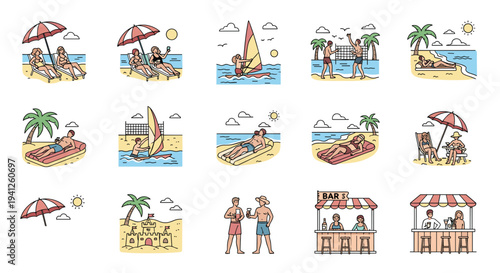Set of icons depicting various fun summer beach activities including sunbathing, water sports, and seaside bars.