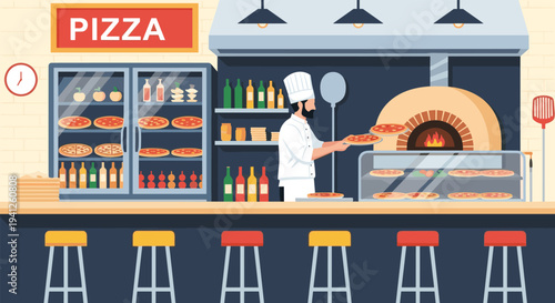 Skilled pizza chef prepares authentic Italian pizza in a traditional wood-fired oven at a cozy restaurant.