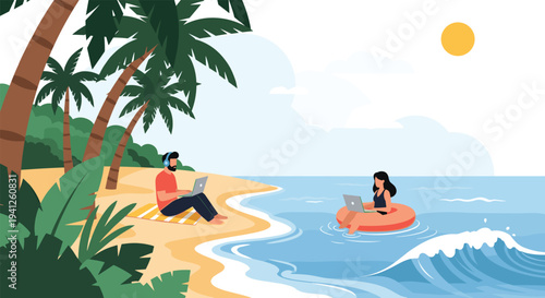 Digital nomads enjoy the freedom of remote work while relaxing on a beautiful tropical beach with their laptops.