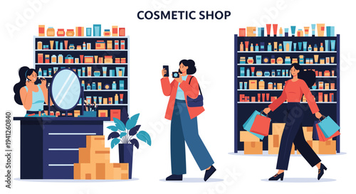 Customers explore and shop for beauty products in a modern cosmetic store with well-stocked shelves and testing stations.