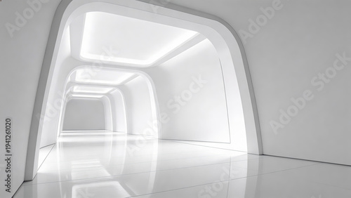 Wallpaper Mural Futuristic white corridor with LED lighting, showcasing modern minimalist architecture, smooth reflections, and sleek, symmetrical design. Ideal for sci-fi or tech-themed concepts. Torontodigital.ca