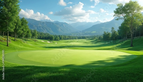Wallpaper Mural Expansive green golf course rolls toward majestic mountains under a bright blue sky. Rich trees and manicured grass create a scenic landscape, perfect for outdoor recreation and relaxation. Torontodigital.ca