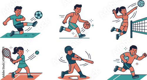 Set Karakter Bermain Berbagai Macam Olahraga Kompetitif
