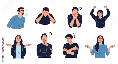 Diverse set of human characters expressing a wide range of emotions and gestures like frustration, confusion, and deep thought.