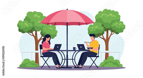 Coworkers enjoy a productive afternoon working on their laptops and eating lunch at a pleasant outdoor terrace table.