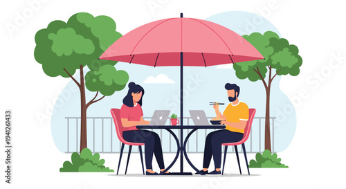 Freelancers and professionals work remotely in a vibrant outdoor cafe environment surrounded by greenery and fresh air.