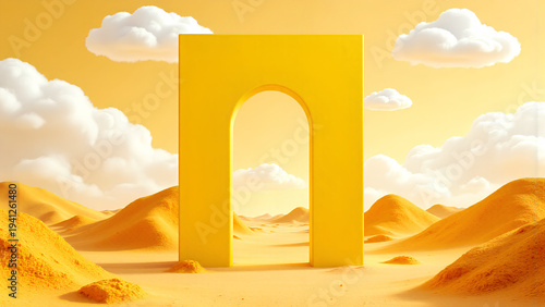 Yellow arch in surreal desert landscape with fluffy clouds and soft dunes conveying warm dreamlike mood