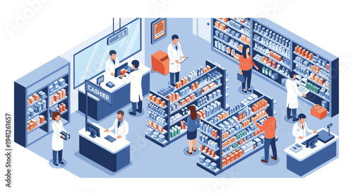 Busy modern pharmacy where pharmacists provide expert advice and medicines to customers among neatly organized shelves.