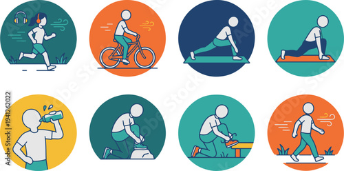 Koleksi Ikon Aktivitas Luar Ruangan Bersepeda Berlari dan Peregangan
