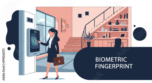 Professional businesswoman using a biometric fingerprint recognition system to gain secure access to a modern office building.