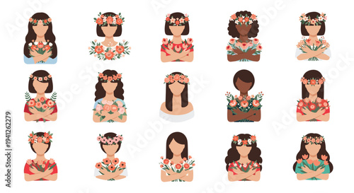 Collection of diverse women with different hair styles and skin tones wearing floral crowns and holding beautiful flower bouquets.