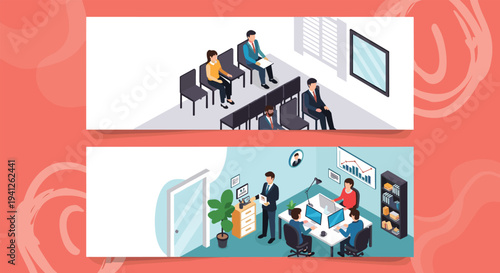 Isometric banners depicting a professional business conference room and a modern workspace with employees working at their desks.