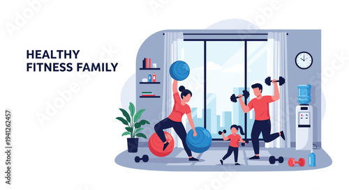 Healthy fitness family workout session at home featuring parents and a child using dumbbells and yoga balls in a living room.