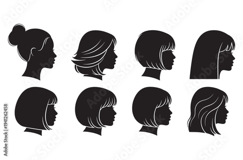 Collection of female hairstyles in silhouette profile view with various styles like bun, bob, short, long and layered cuts perfect for beauty and fashion themes.